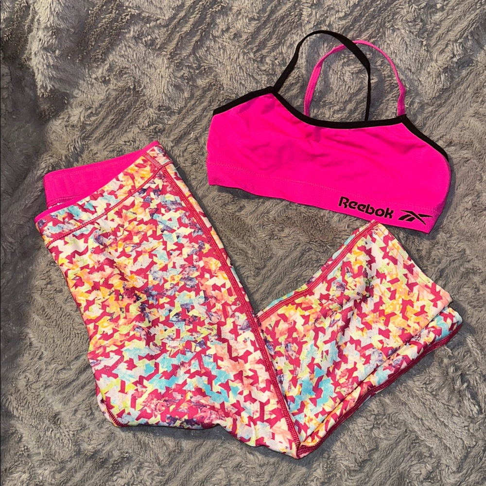 Hot Pink and Black Reebok Girls Set Medium 10-12 Capri leggings and Sports Bra